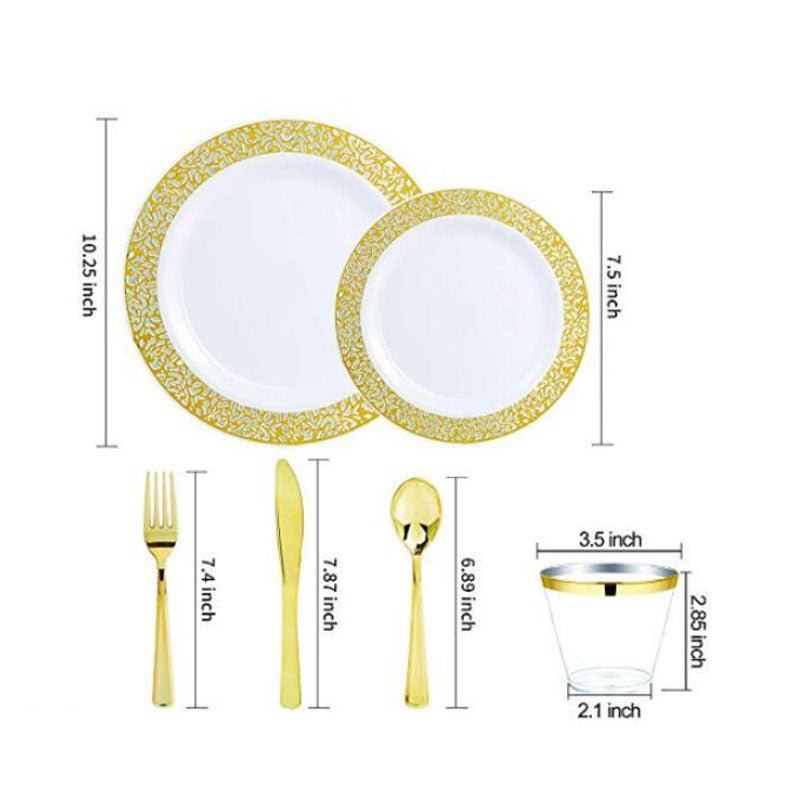 200 Pcs Gold Plastic Plates Silverware Cups Disposable Wedding Party Supplies