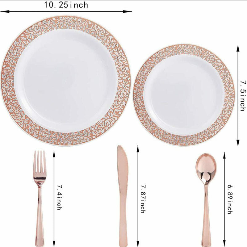 200 Pcs Rose Gold Plastic Plates Silverware Cups Disposable Wedding Party Supplies
