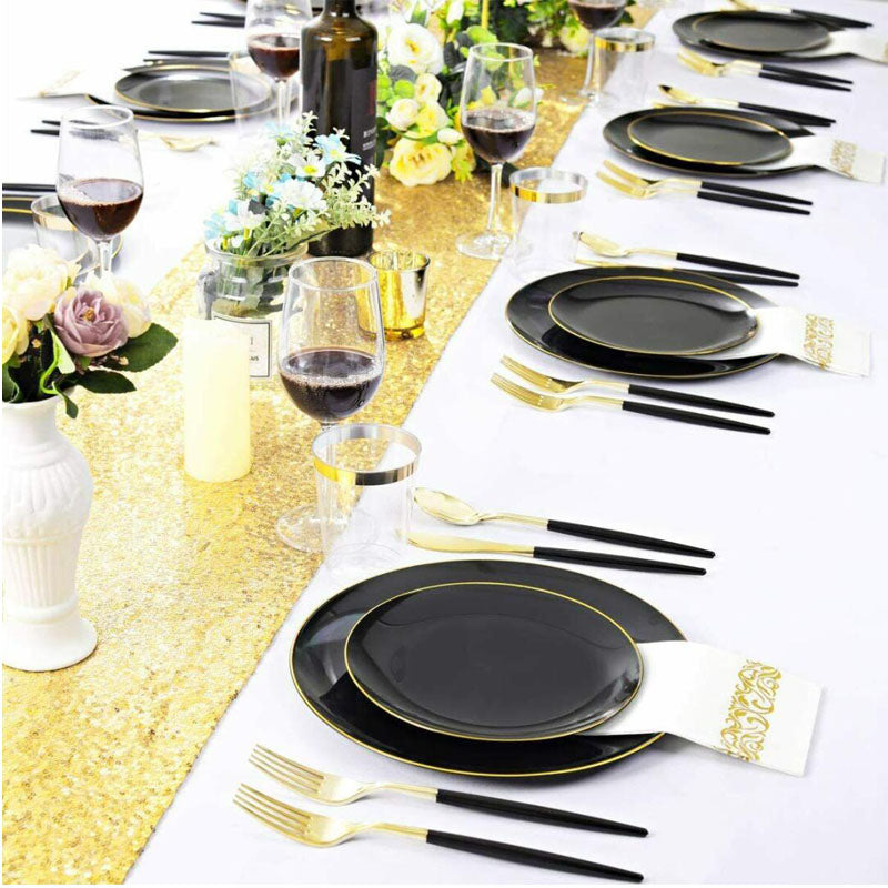 150 Pcs Black Plastic Plates Silverware Cups Disposable Wedding Party Supplies