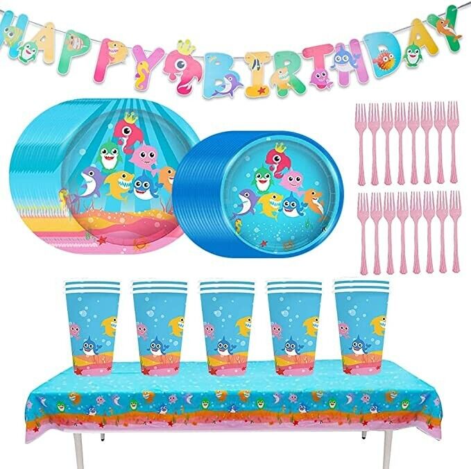 162PCS Baby Shark Birthday Party Decorations Tablecloth Plates Cups Tableware