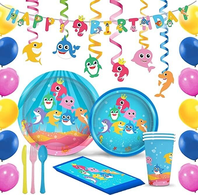 162PCS Baby Shark Birthday Party Decorations Tablecloth Plates Cups Tableware