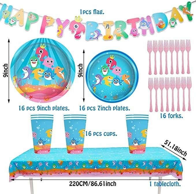 162PCS Baby Shark Birthday Party Decorations Tablecloth Plates Cups Tableware