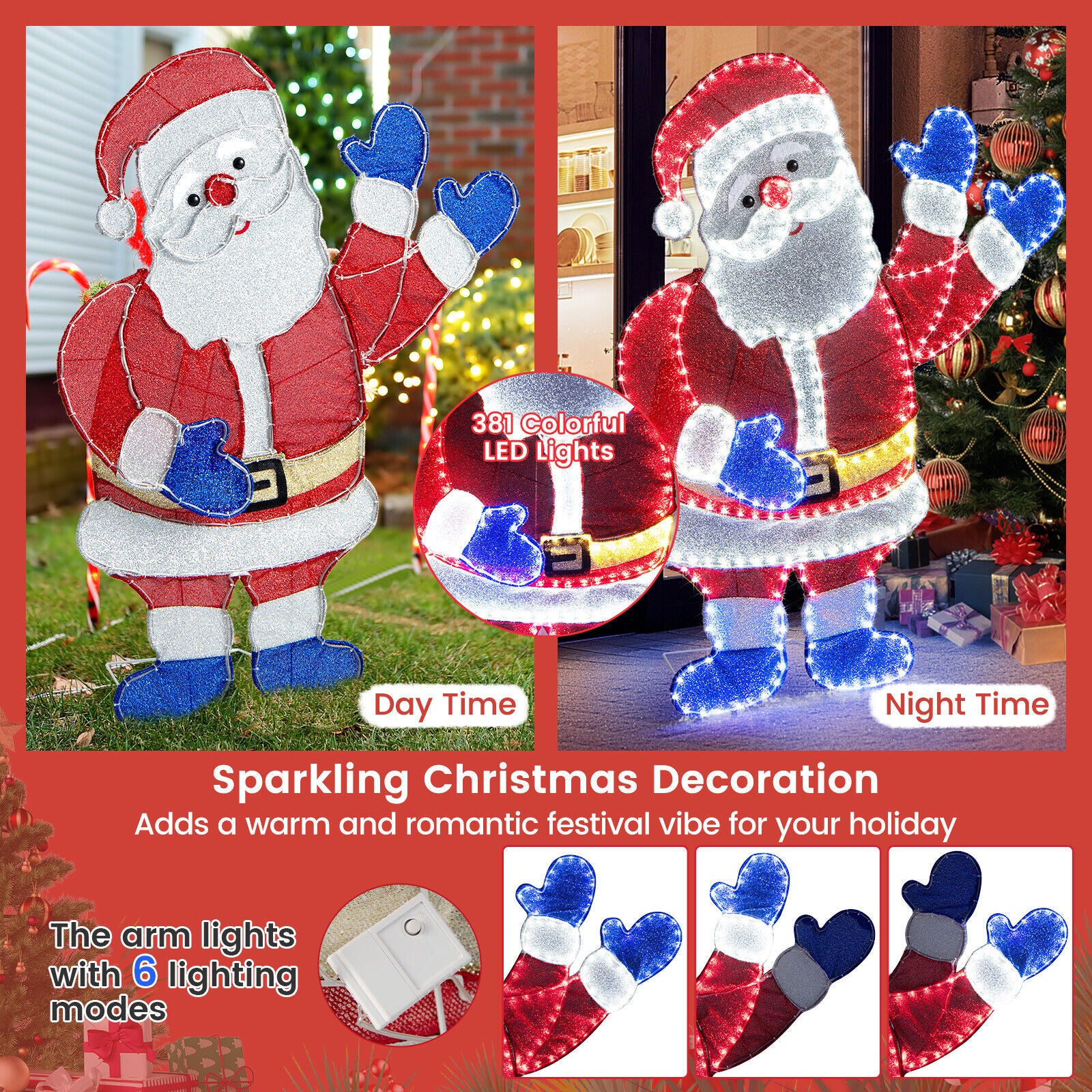 Lighted Christmas Waving Arms Santa Claus 6 Lighted Modes Decoration 381 LED