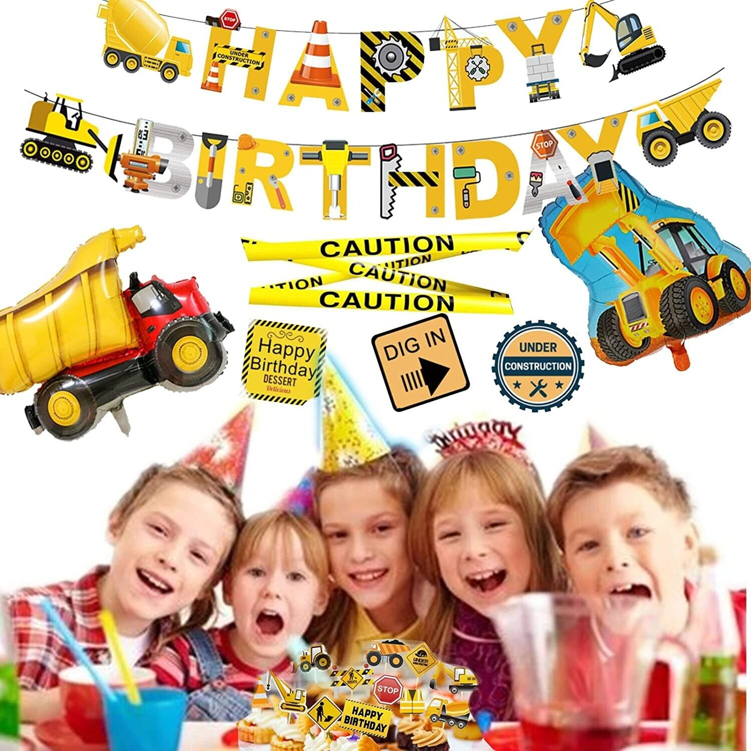 48PCS Construction Party Supplies for Birthday Dump Truck and Digger Balloons