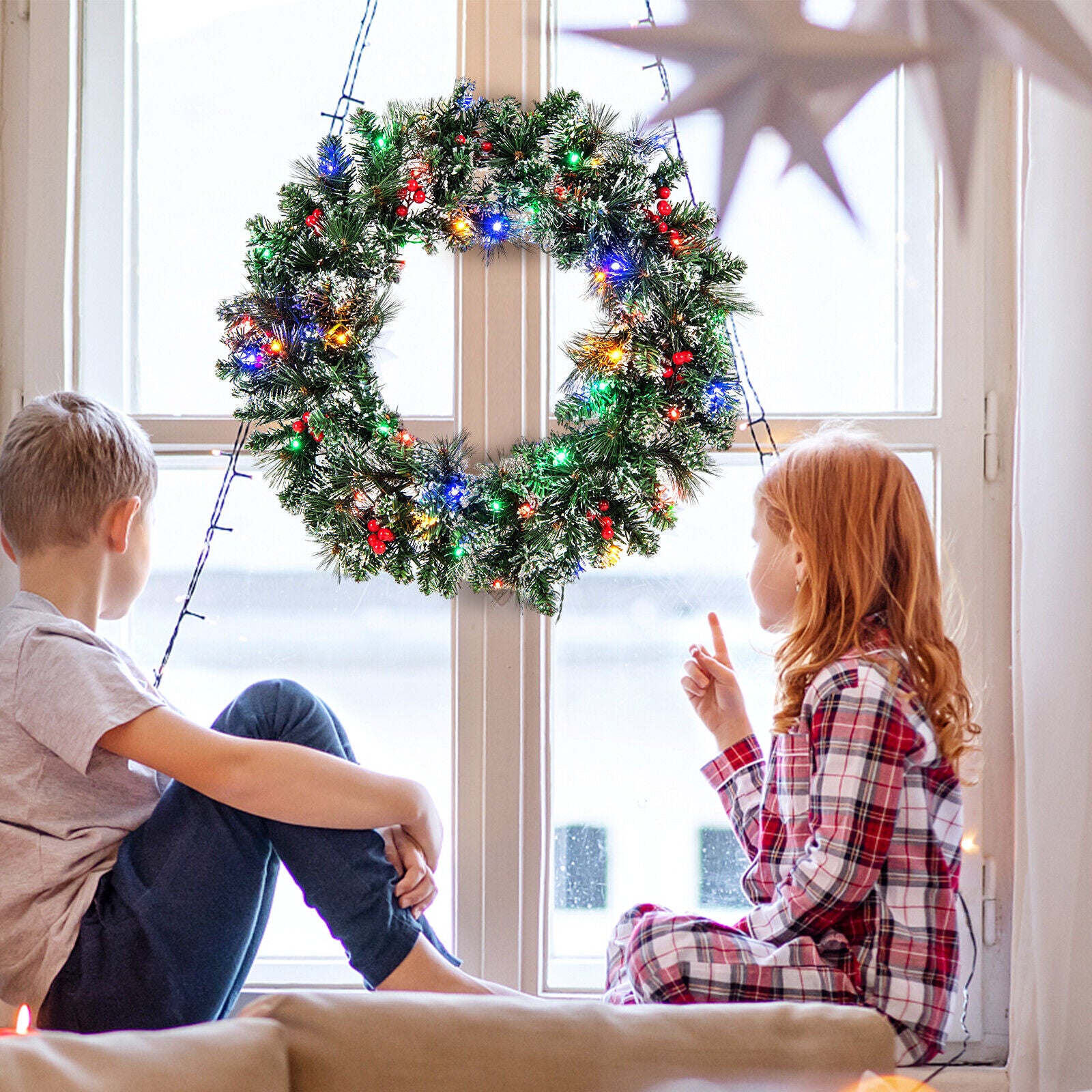 Battery-operated Artificial Christmas Wreath Front Door Wreath Pre-lit Xmas Decor