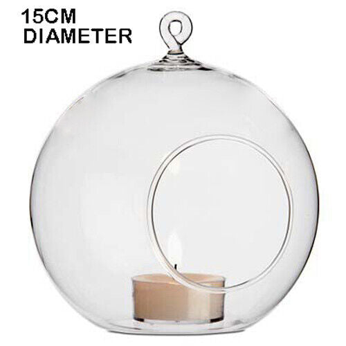 LARGE 15CM clear glass ball sphere tree hanging tea light candle holder - 10PCS