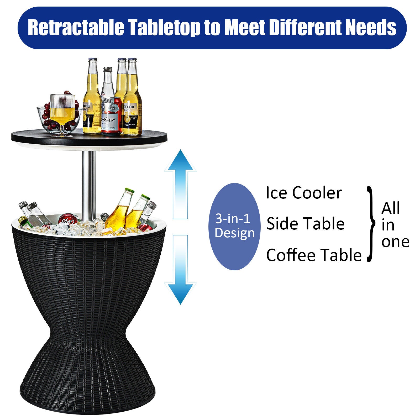 NEW 3 in 1 Rattan Cooler Bar Table Adjustable Ice Bucket Party Barbecue 30L