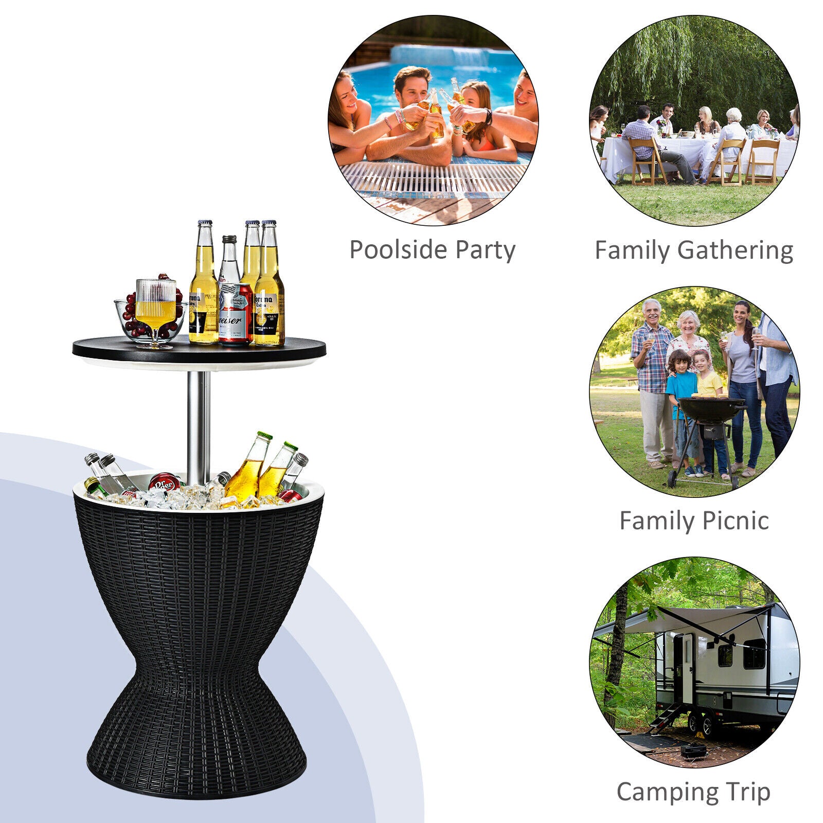 NEW 3 in 1 Rattan Cooler Bar Table Adjustable Ice Bucket Party Barbecue 30L