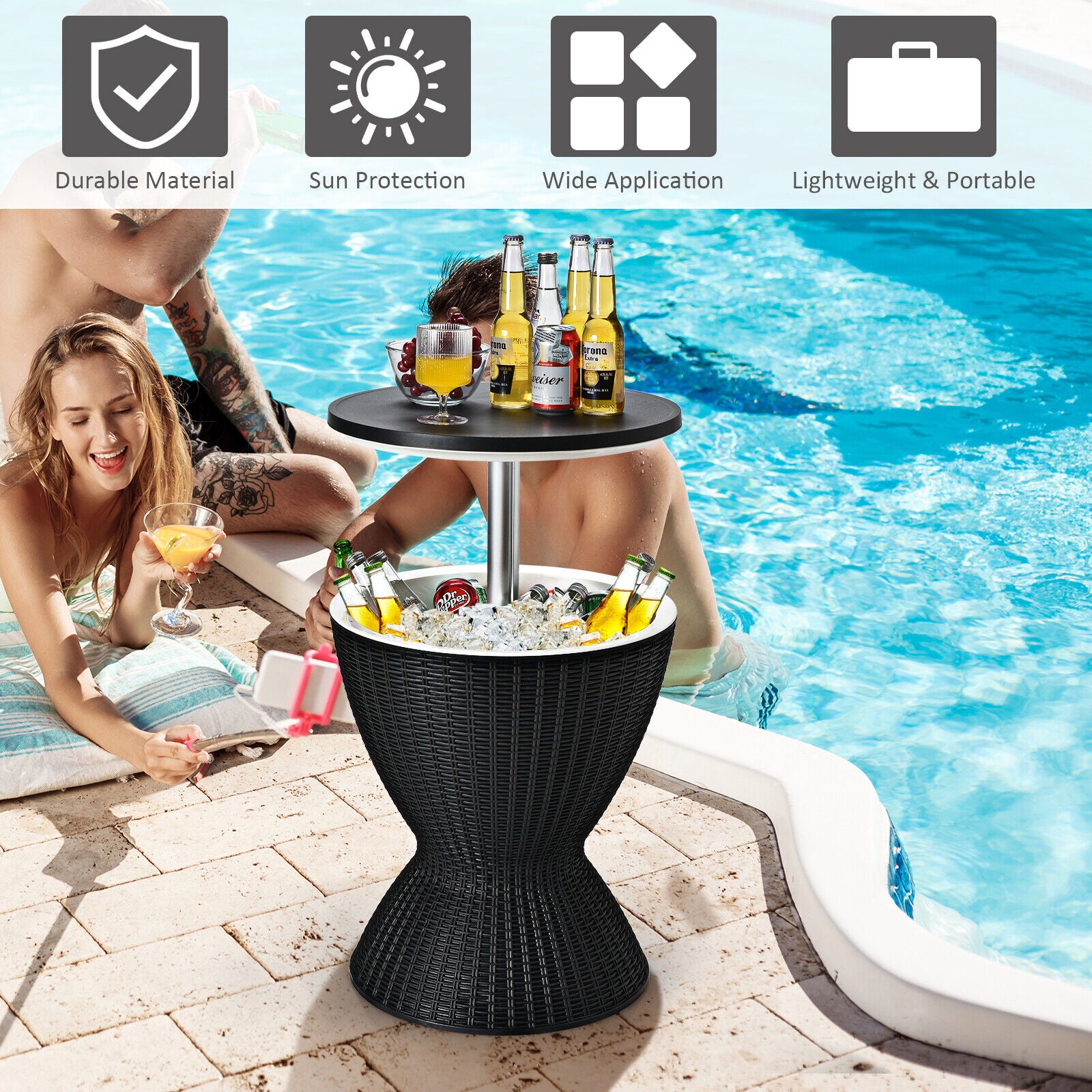 NEW 3 in 1 Rattan Cooler Bar Table Adjustable Ice Bucket Party Barbecue 30L