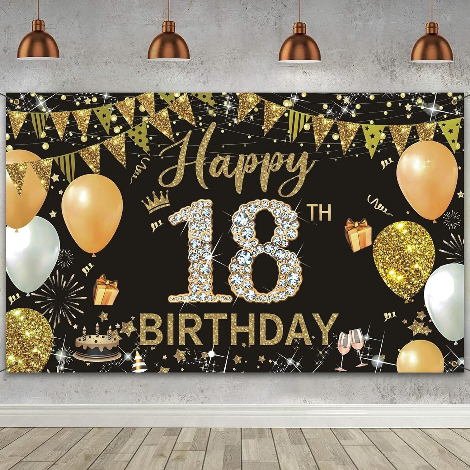 Extra Large Black Gold 18th Birthday Happy Birthday Banner Decorations Backdrop