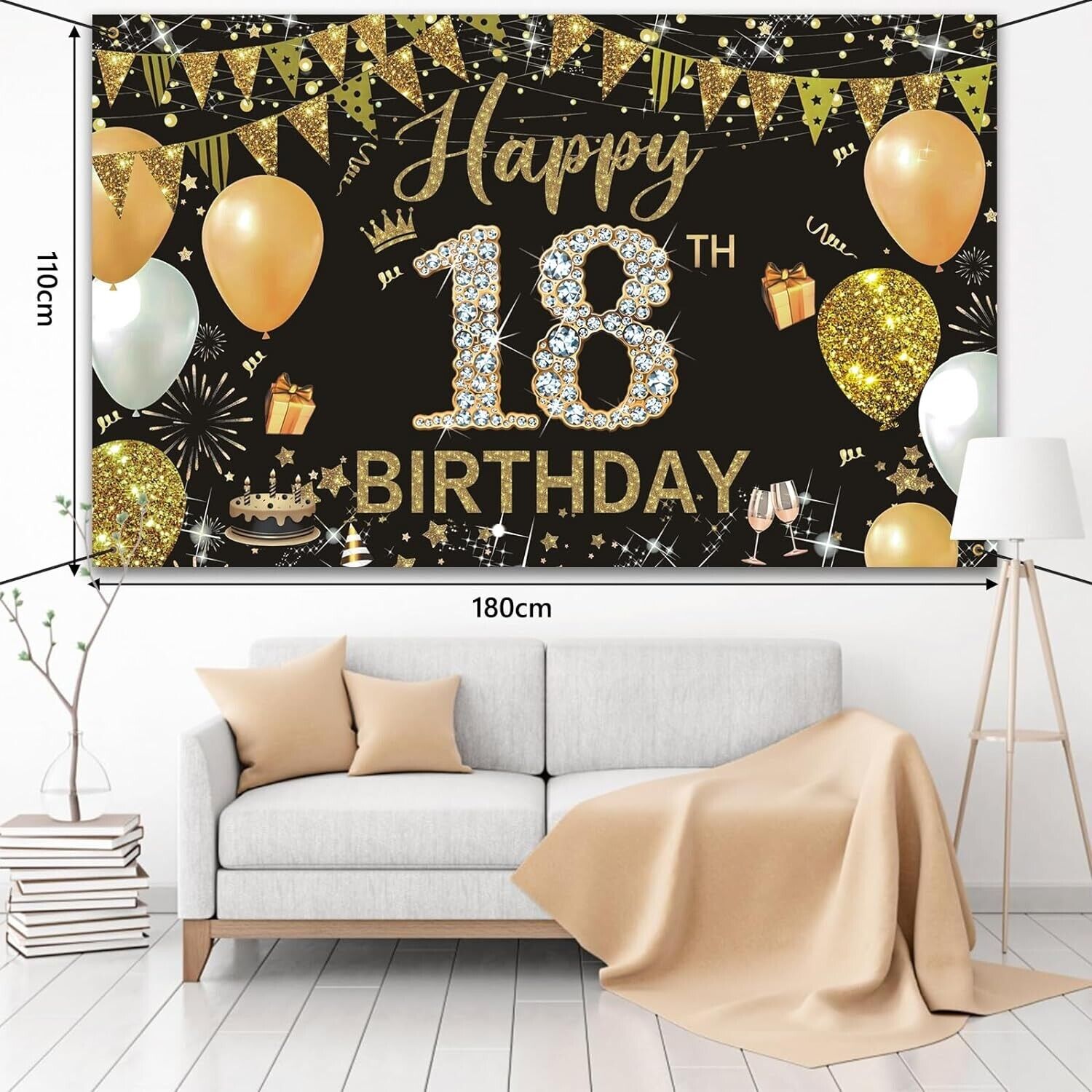 Extra Large Black Gold 18th Birthday Happy Birthday Banner Decorations Backdrop