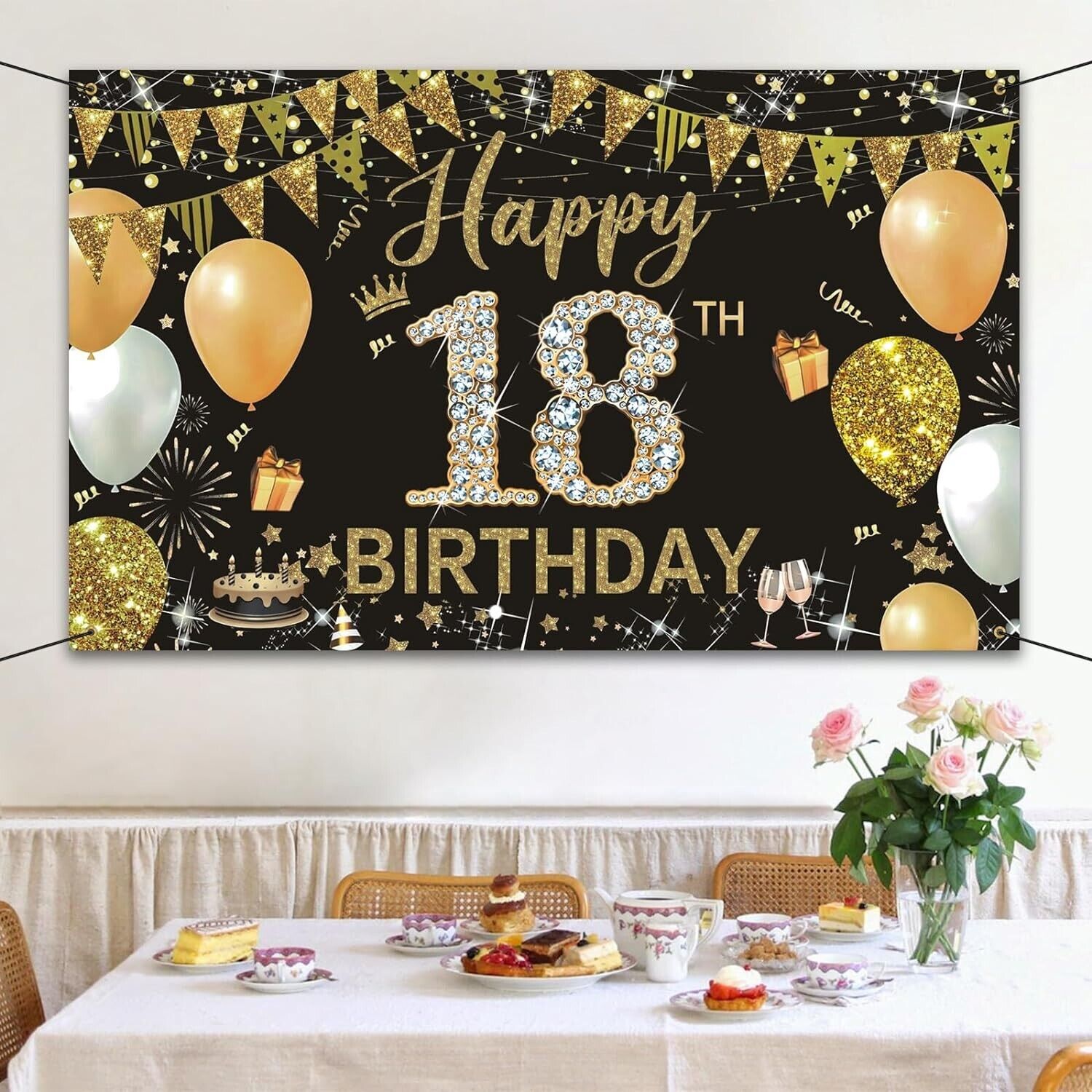 Extra Large Black Gold 18th Birthday Happy Birthday Banner Decorations Backdrop