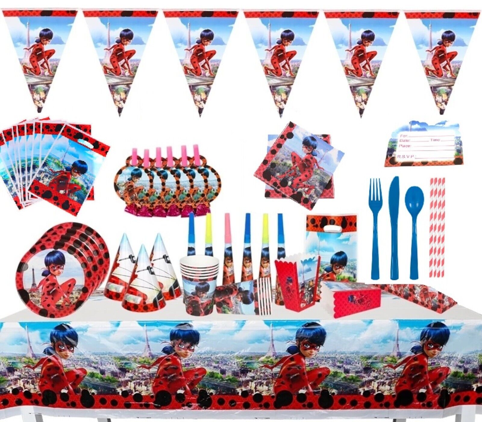 136PCS Miraculous Ladybug Birthday Party Theme and Lady Bug Tableware Kit