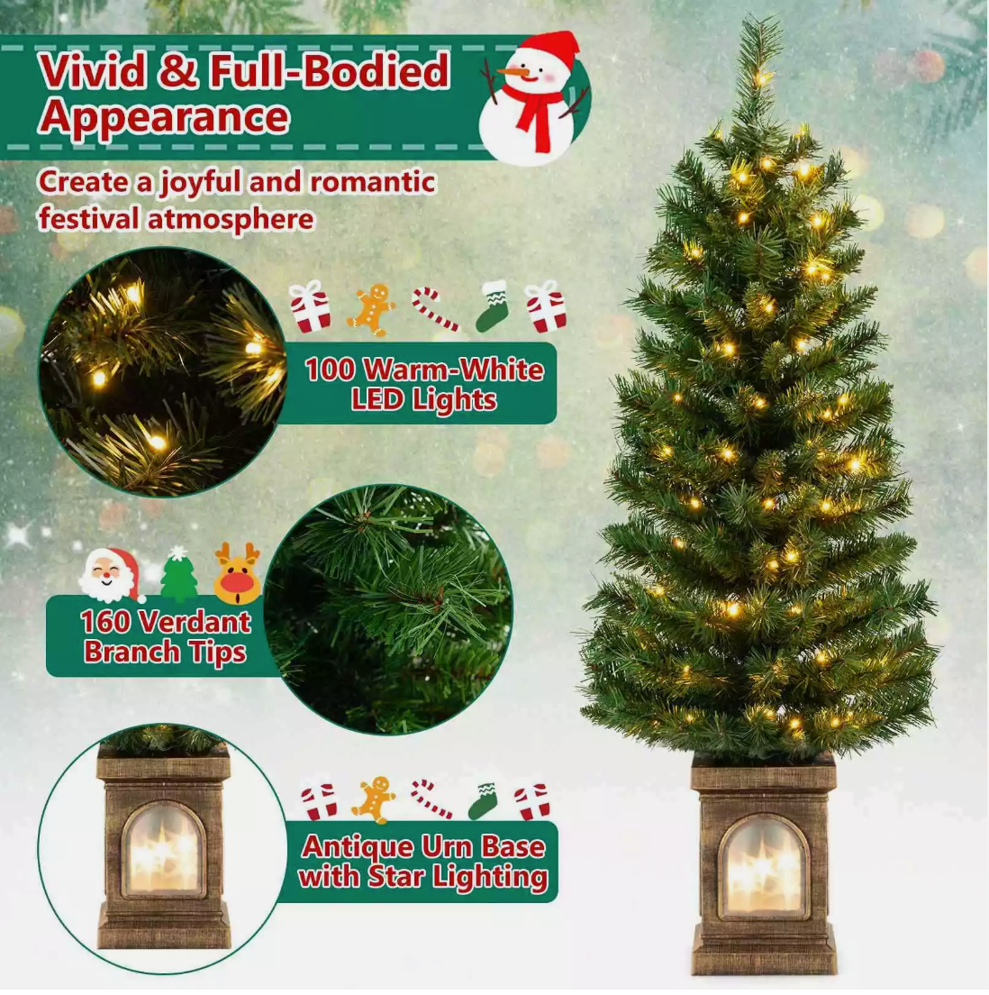 2PCS 125CM Pre-Lit Potted Artificial Christmas Tree with 100 LED Lights