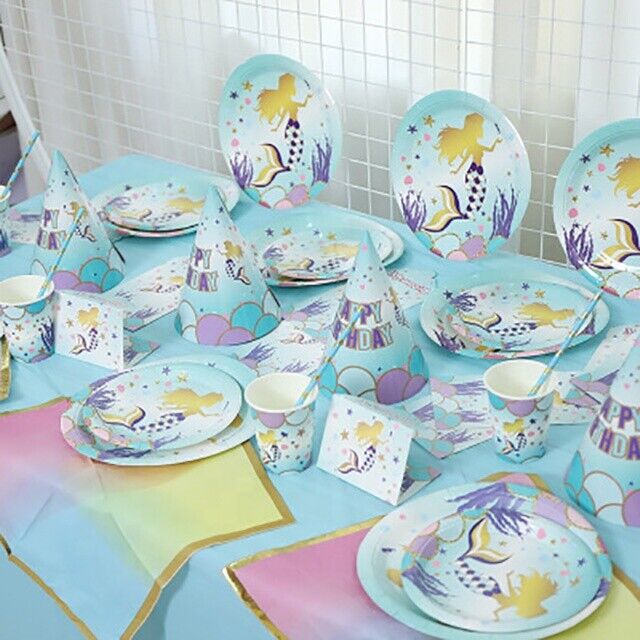 134PCS Mermaid Theme Birthday Party Set Decorations Plates Banner Cups Hats