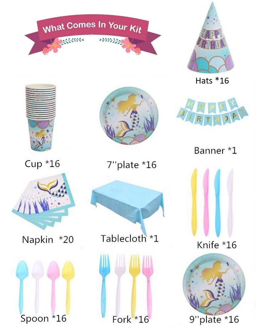 134PCS Mermaid Theme Birthday Party Set Decorations Plates Banner Cups Hats