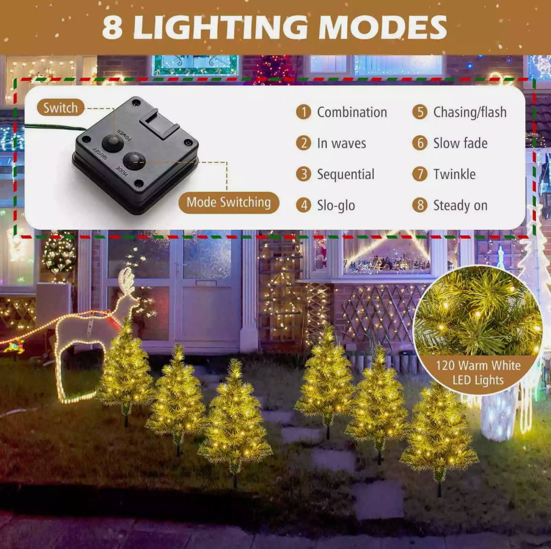 6pcs 45CM 120 LEDs Solar Powered Pre-Lit Christmas Tree  with 8 Modes