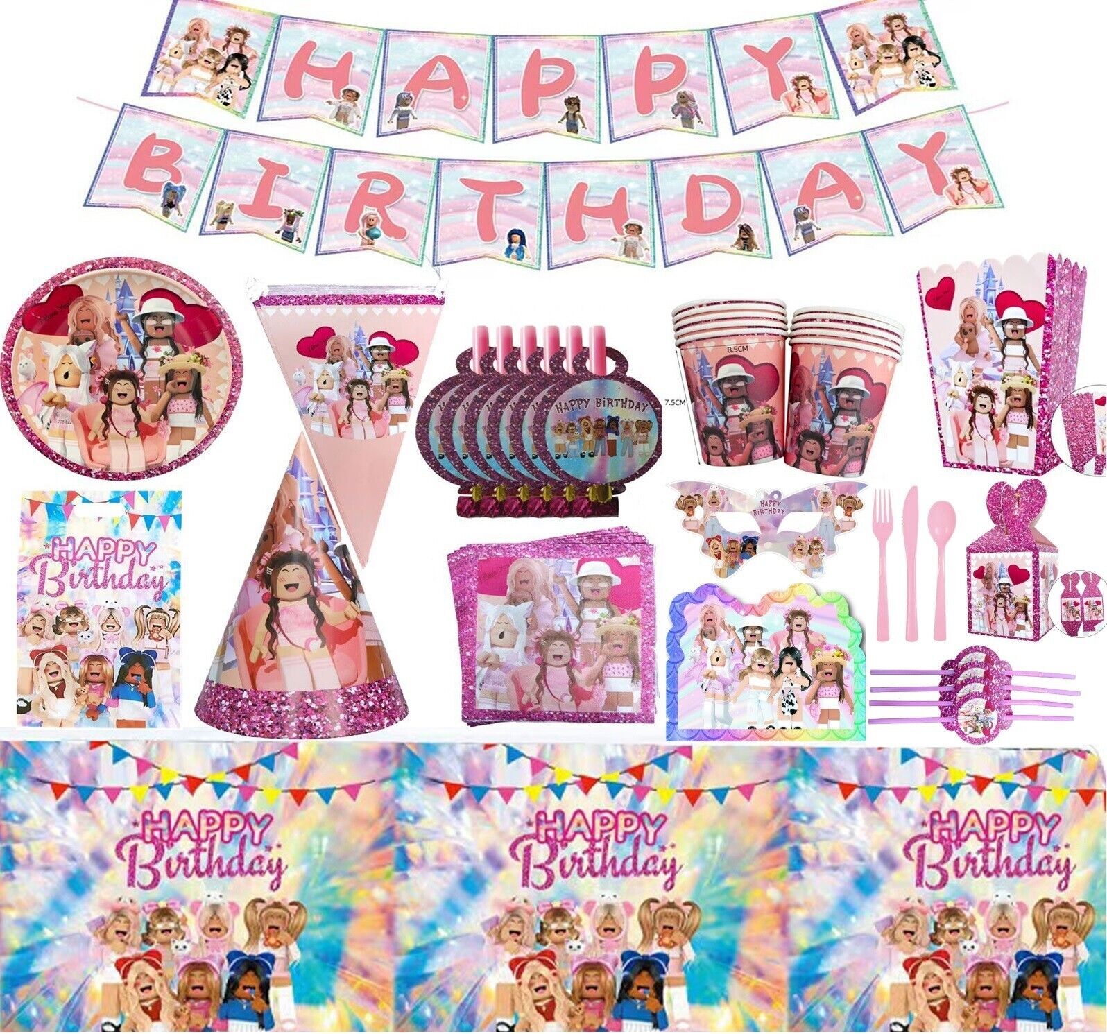 189PCS Pink Roblox Game Theme Birthday Party Decoration Set With Pink Roblox Game Tableware