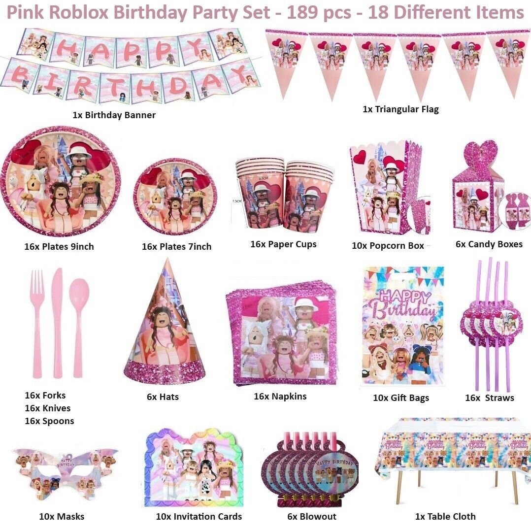 189PCS Pink Roblox Game Theme Birthday Party Decoration Set With Pink Roblox Game Tableware