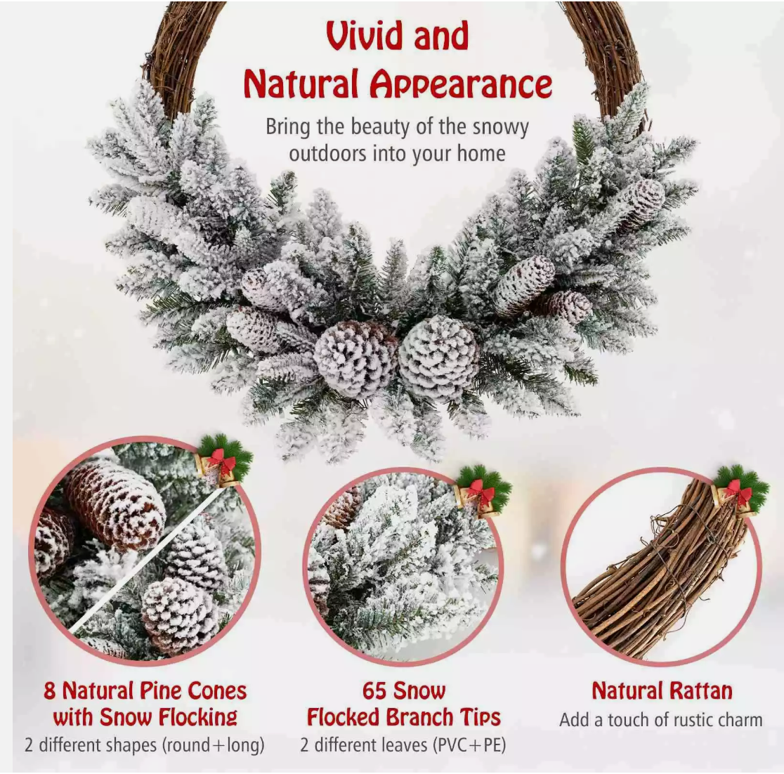 Pre-lit Snowy Christmas Wreath Natural Rattan with 35 LED Lights and 8 Pine Cones