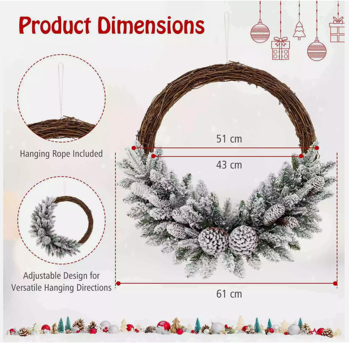 Pre-lit Snowy Christmas Wreath Natural Rattan with 35 LED Lights and 8 Pine Cones