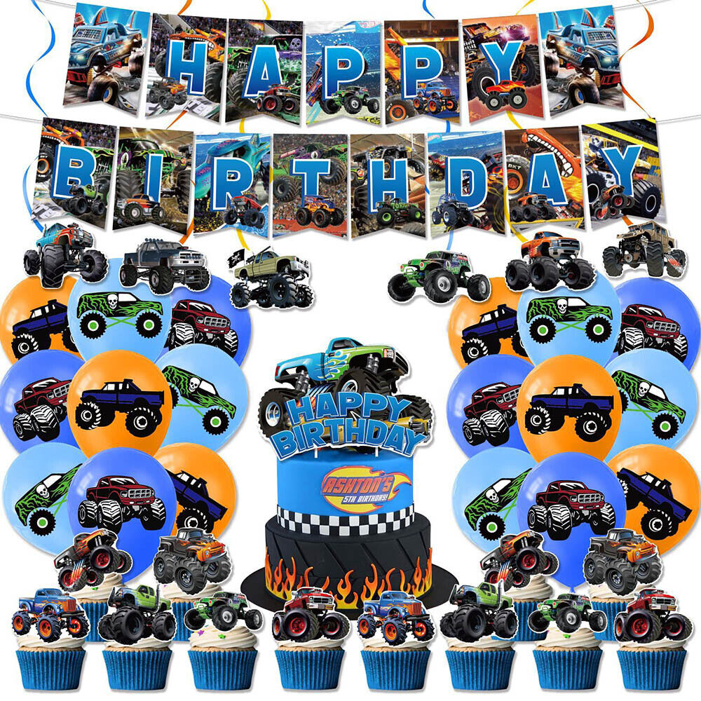 38PCS Cartoon Monster Jam Theme Backdrop Birthday Party Decorations Supplies Set