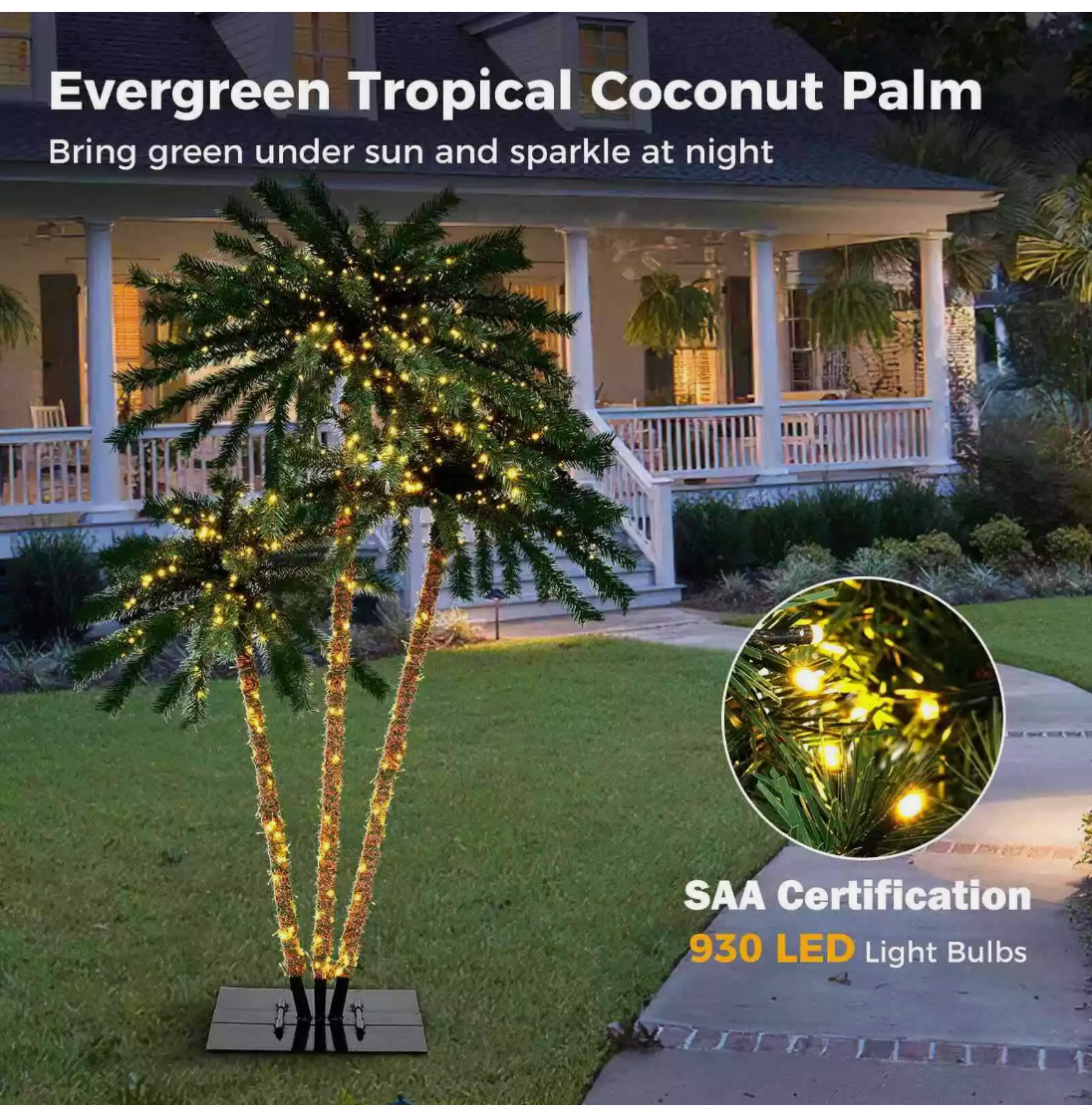 Triple Evergreen Coconut Plam Trees Christmas Decor 930 LED Lights