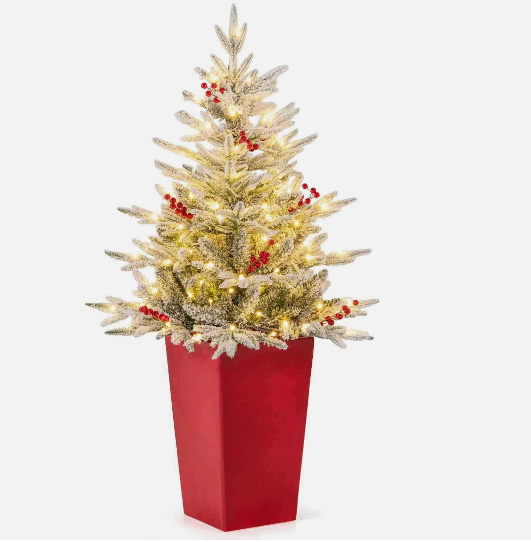 1PCS 122CM Pre-lit Potted Snowy PE Christmas Tree 313 Tips 100 LEDs 12 Berries