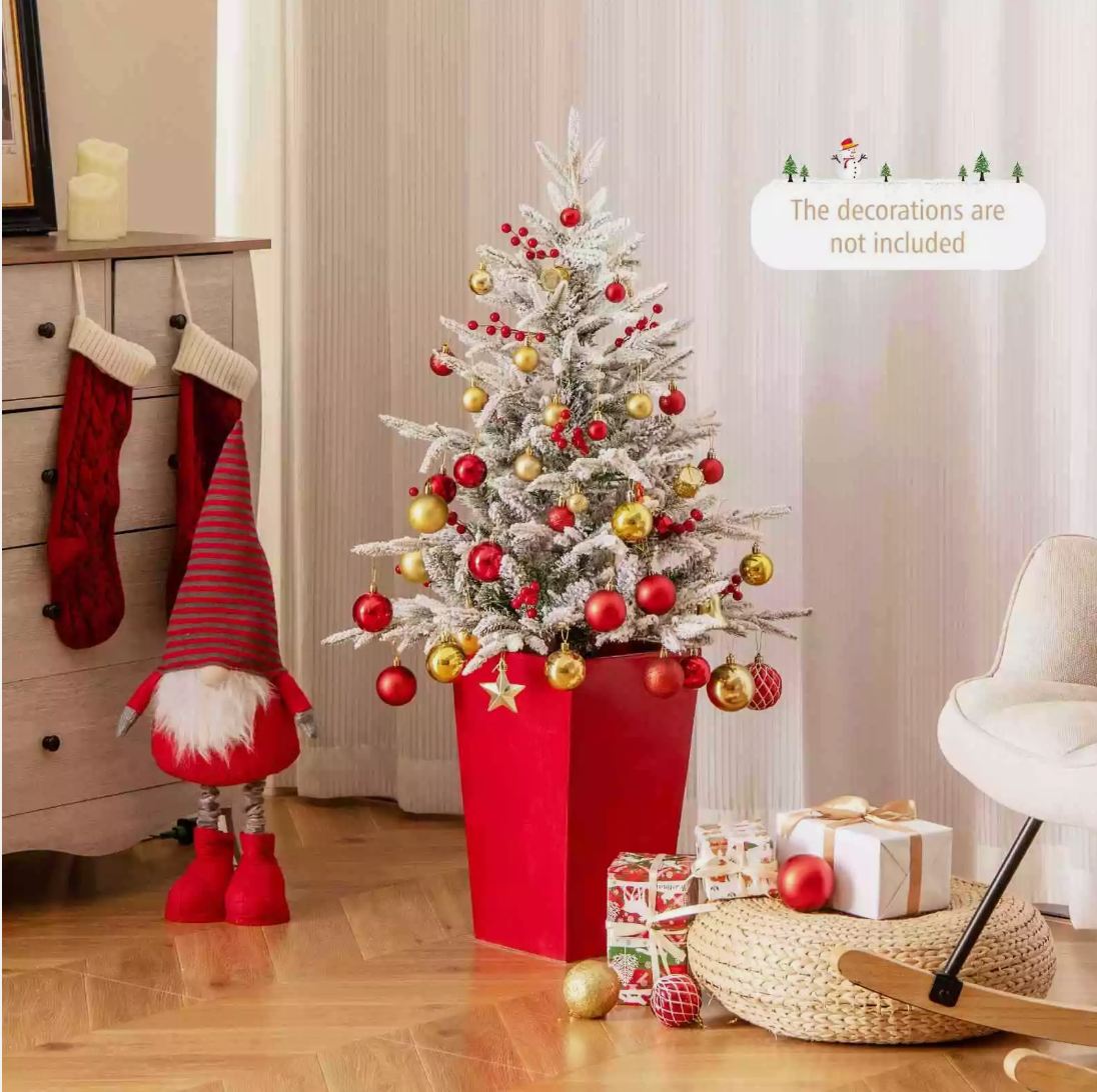 1PCS 122CM Pre-lit Potted Snowy PE Christmas Tree 313 Tips 100 LEDs 12 Berries