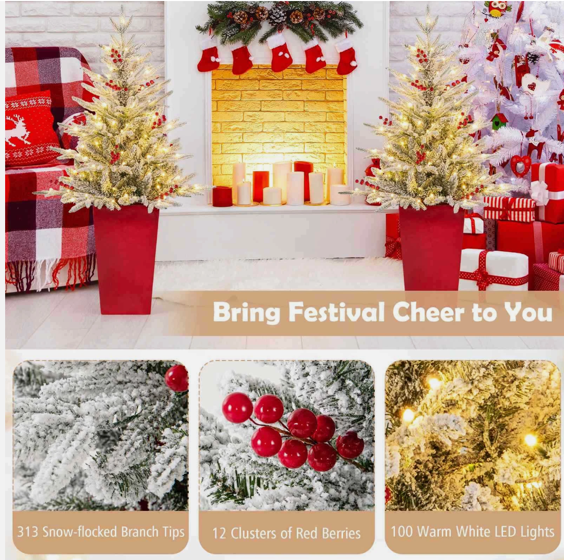 1PCS 122CM Pre-lit Potted Snowy PE Christmas Tree 313 Tips 100 LEDs 12 Berries