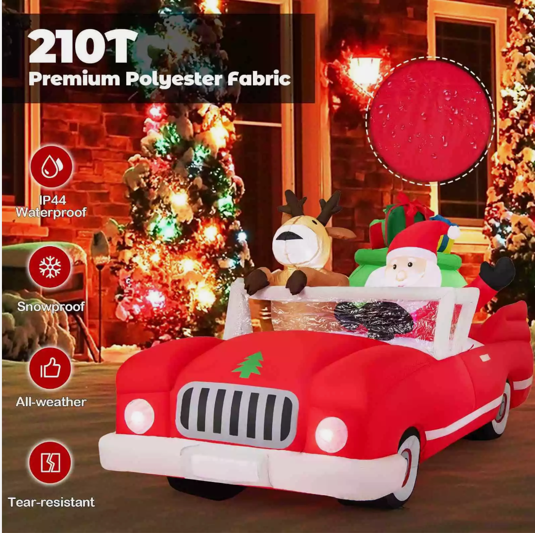 2.35M Lighted Christmas Inflatable Santa Claus and Reindeer Riding Car Xmas