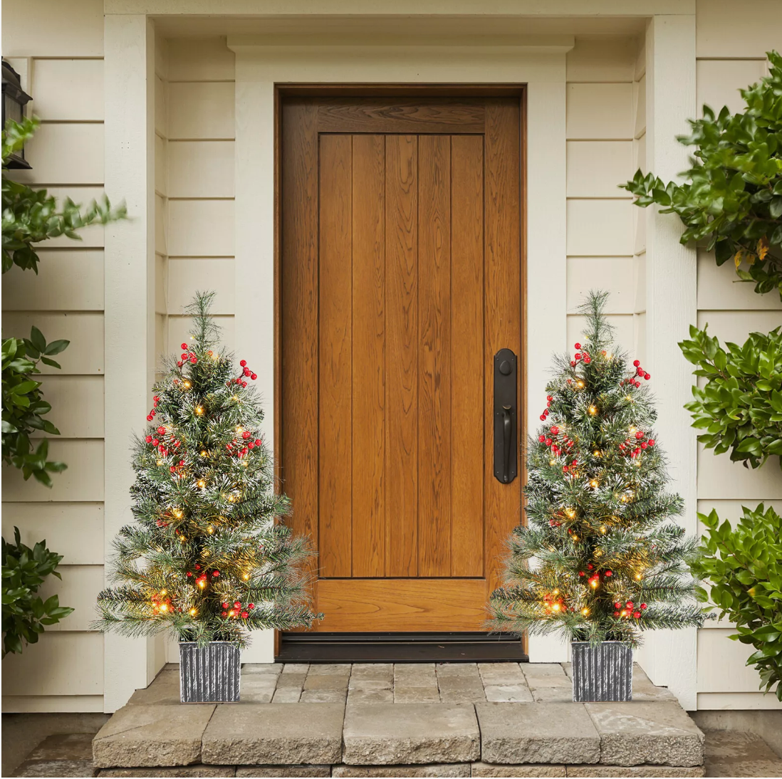 2pcs 90 CM Pre-lit Entrance Potted Christmas Tree for Porch