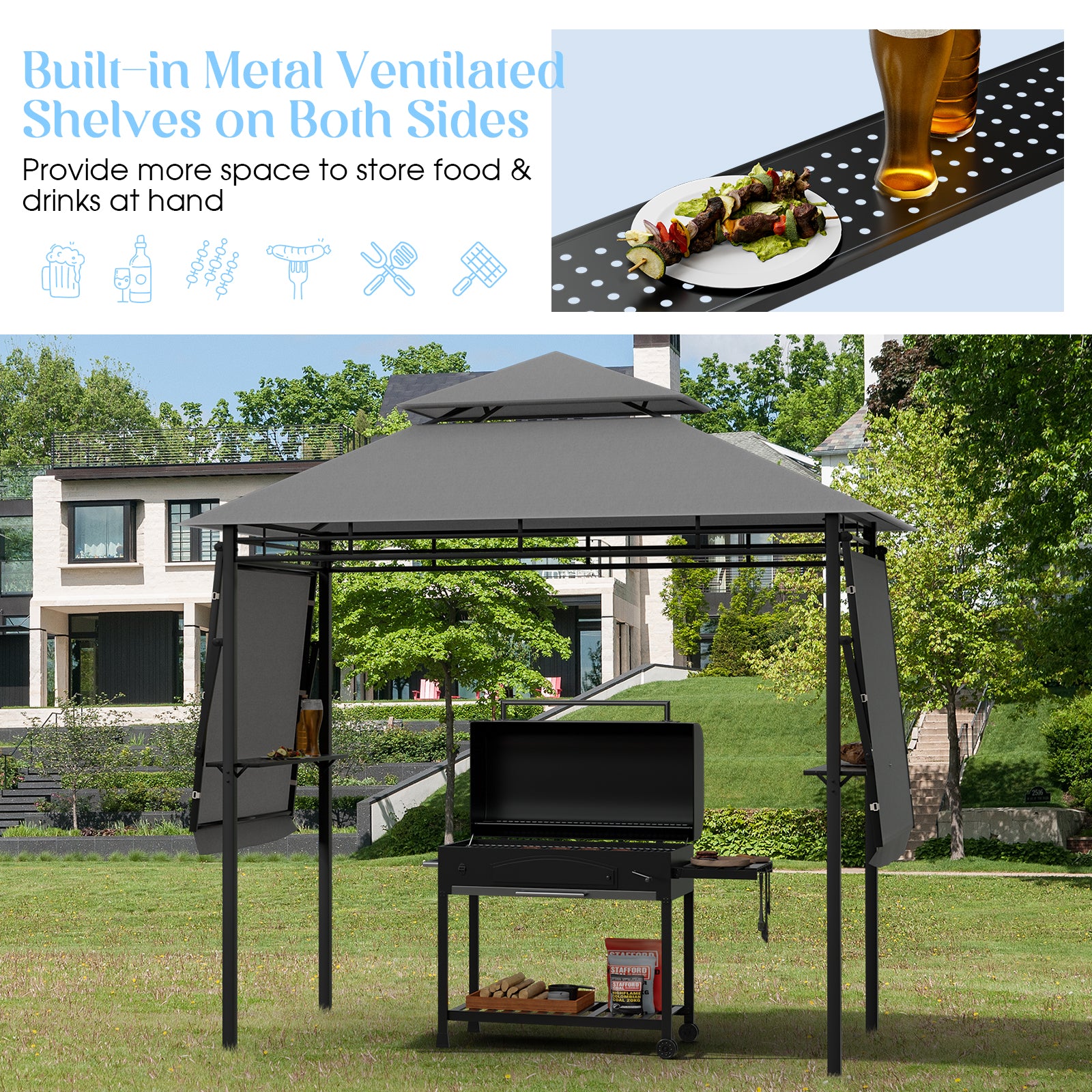 Large 413 x 122cm Outdoor Patio BBQ Grill Gazebo Side Awnings Shelves 2-Tier Canopy AU