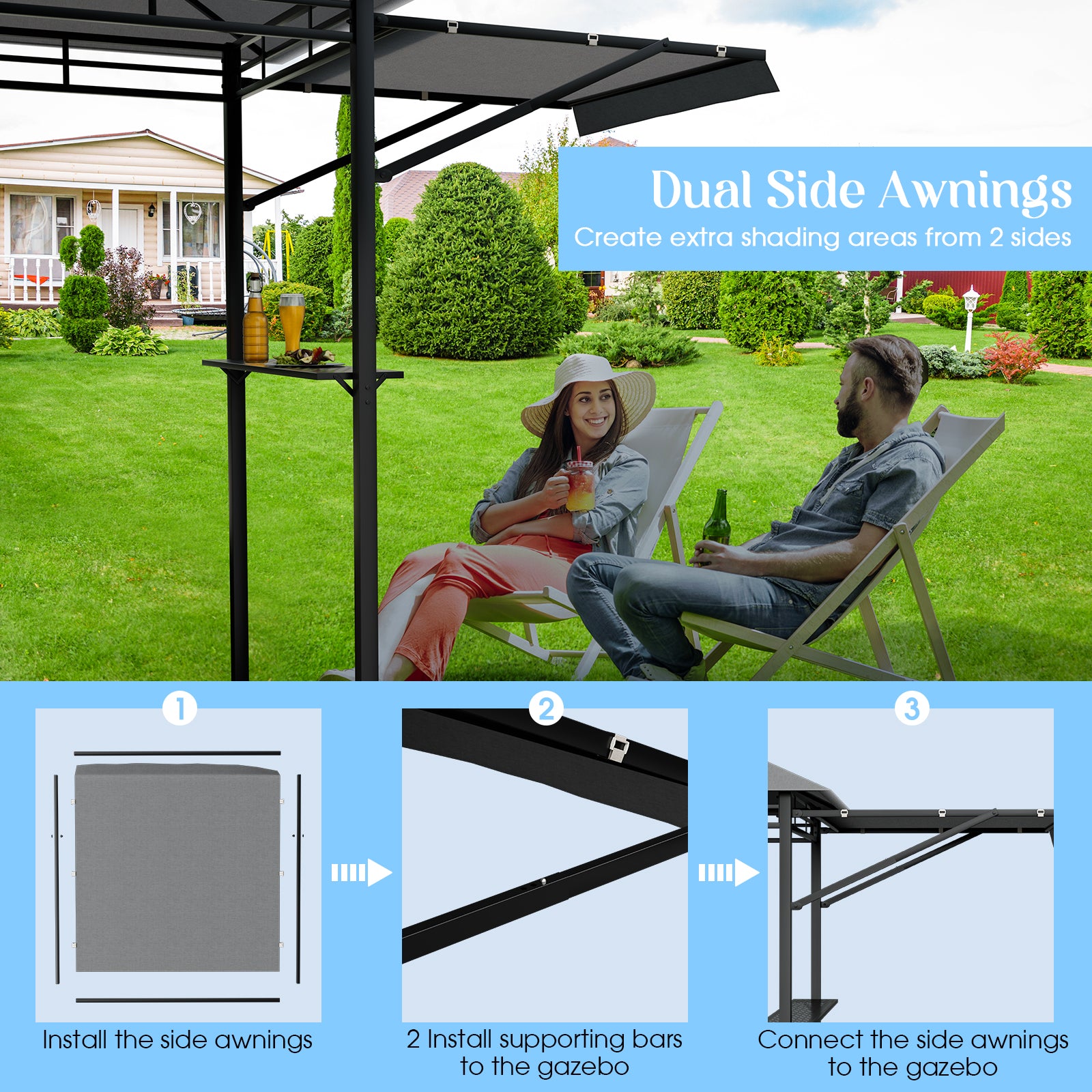 Large 413 x 122cm Outdoor Patio BBQ Grill Gazebo Side Awnings Shelves 2-Tier Canopy AU