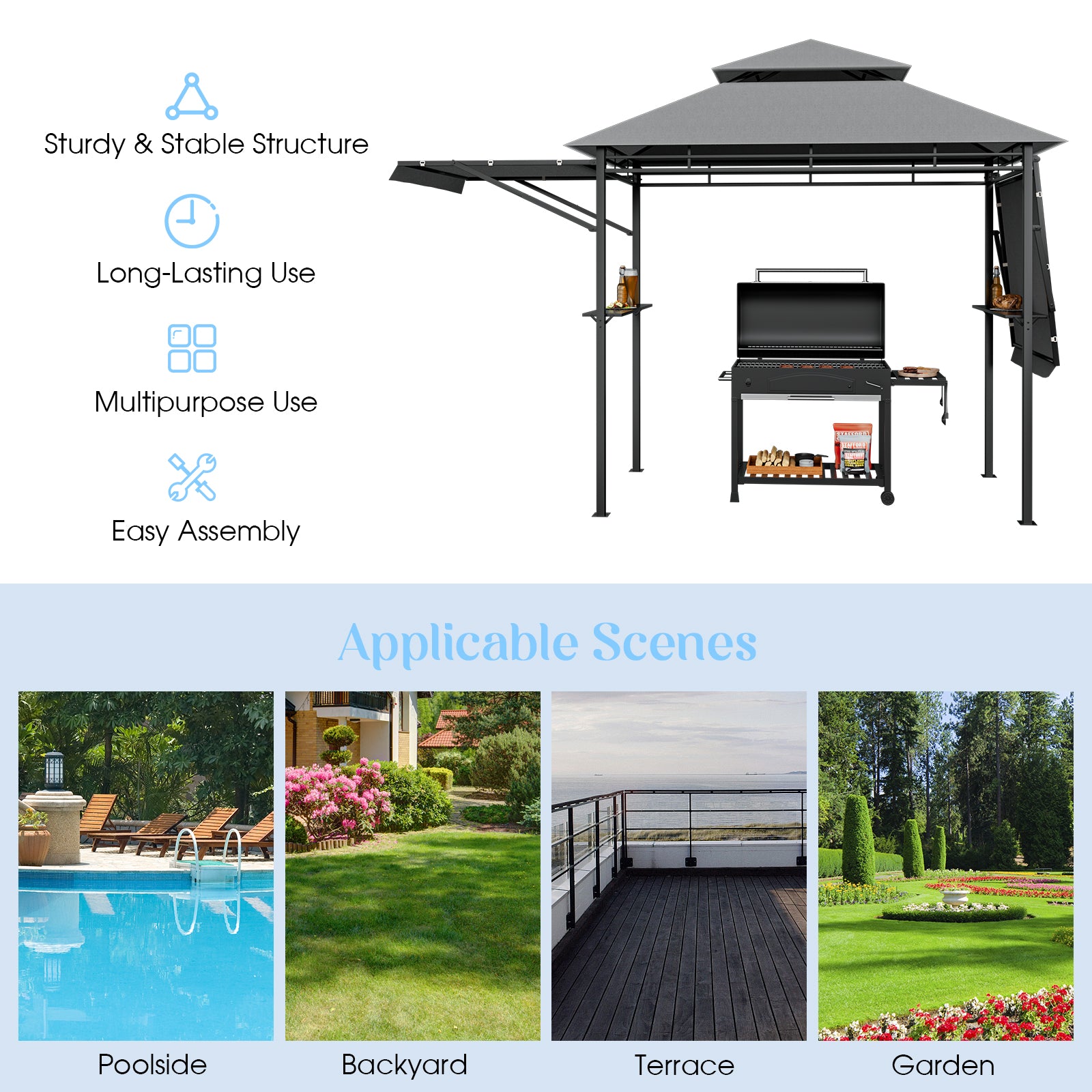 Large 413 x 122cm Outdoor Patio BBQ Grill Gazebo Side Awnings Shelves 2-Tier Canopy AU