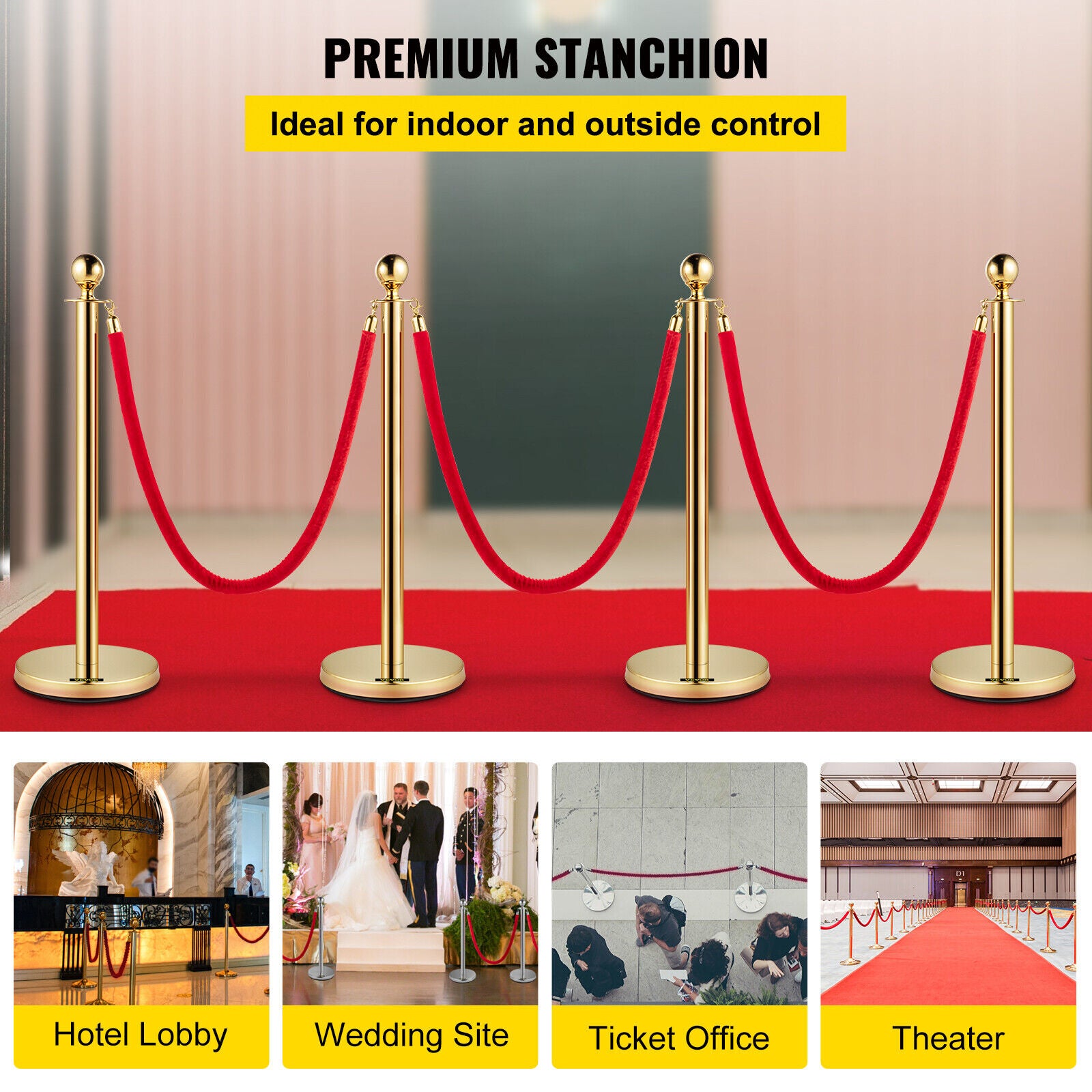 4PCS Queue Barriers With 3 Ropes Exhibition Crowd Control Bollards Stanchion