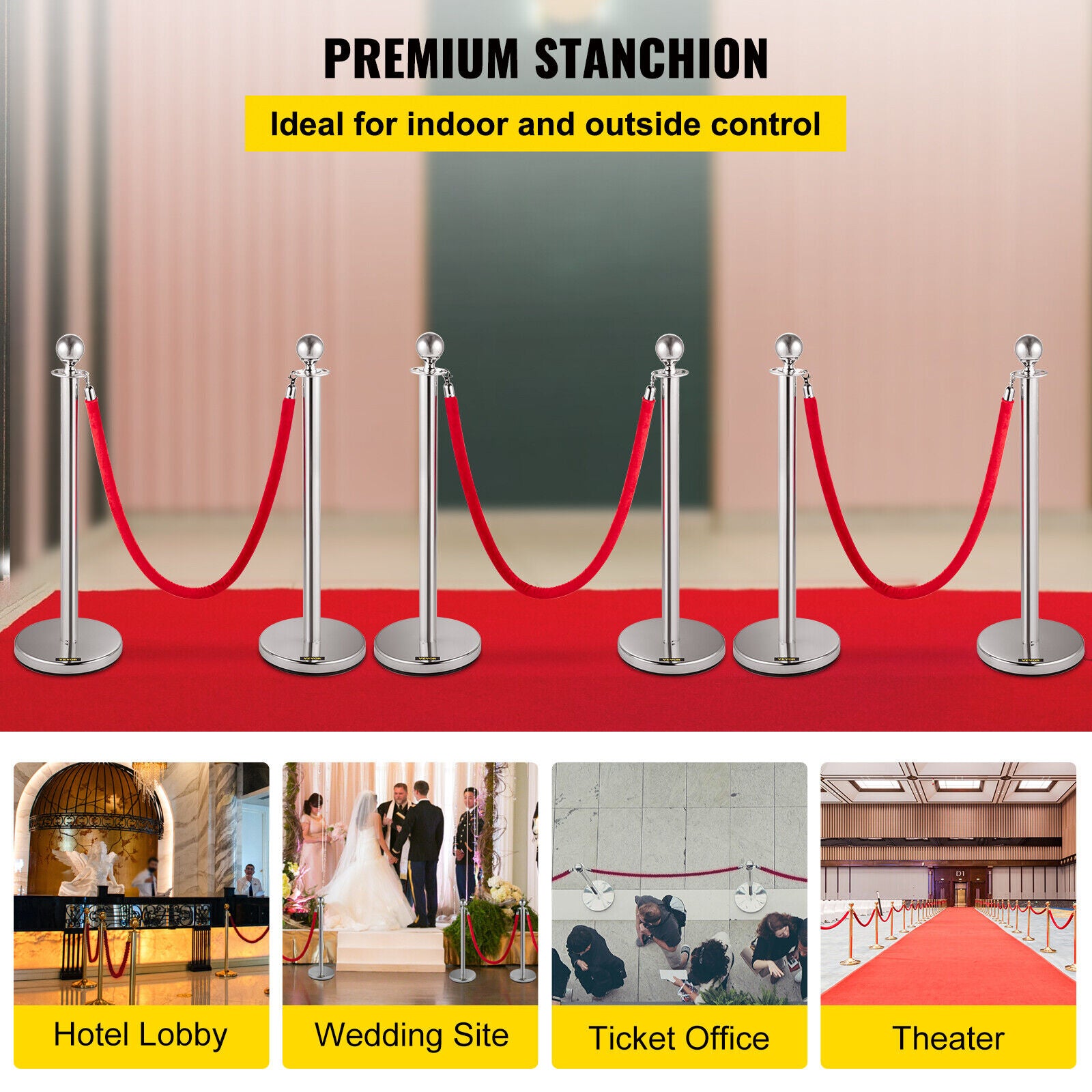 6Pcs Stainless Steel Crowd Control Queue Barrier Posts Bollards Stanchion