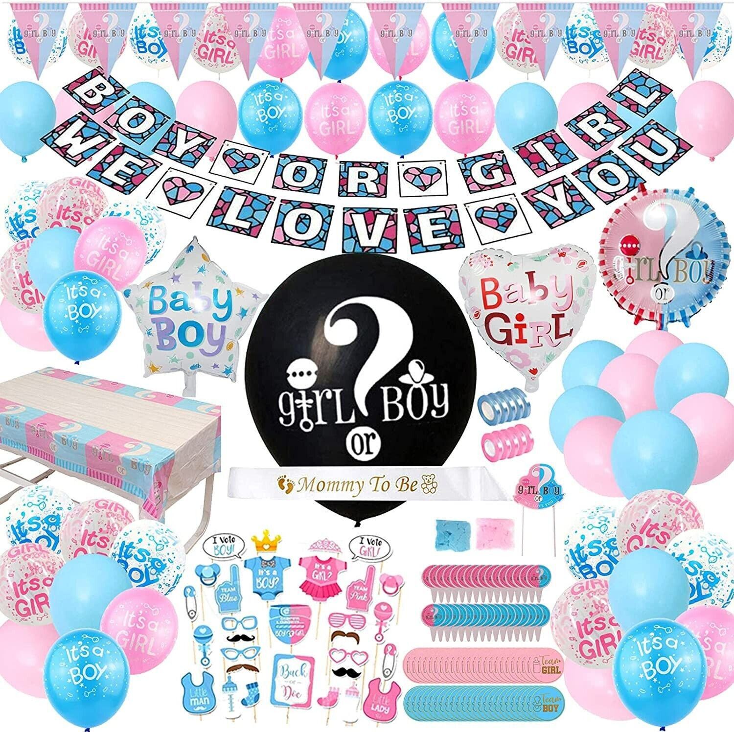 200PCS Boy or Girl Gender Reveal Baby Shower Decorations Balloons Banner Topper He She