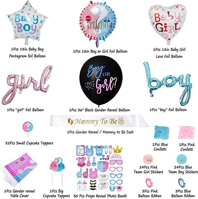 200PCS Boy or Girl Gender Reveal Baby Shower Decorations Balloons Banner Topper He She