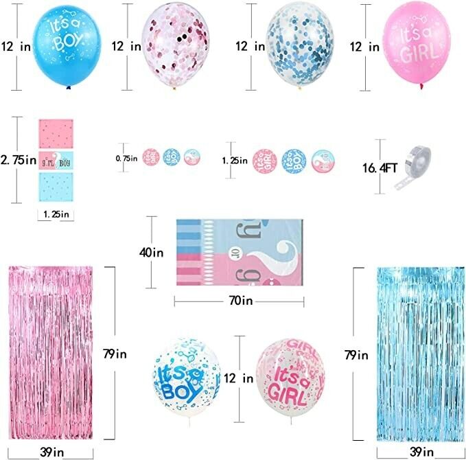 200PCS Boy or Girl Gender Reveal Baby Shower Decorations Balloons Banner Topper He She