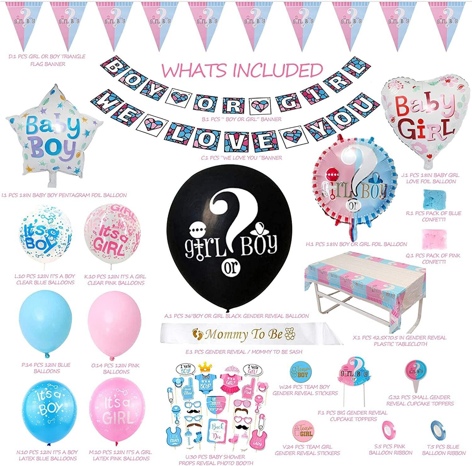 200PCS Boy or Girl Gender Reveal Baby Shower Decorations Balloons Banner Topper He She