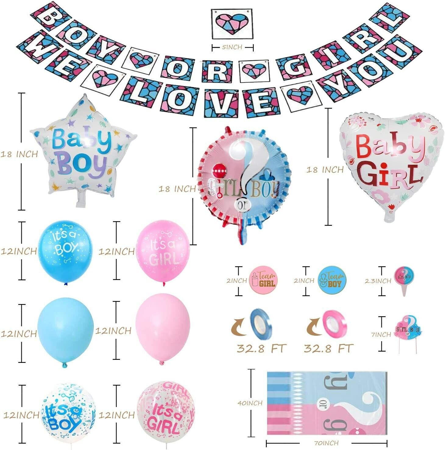 200PCS Boy or Girl Gender Reveal Baby Shower Decorations Balloons Banner Topper He She