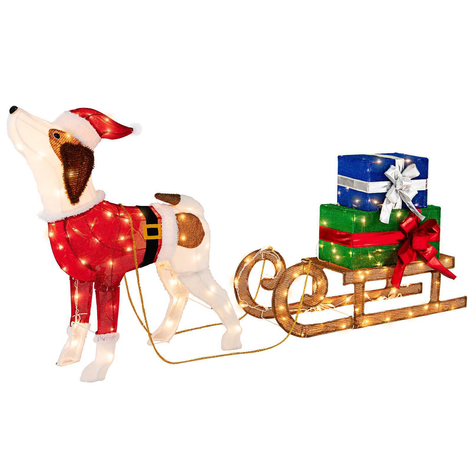 NEW Pre-lit Xmas Dog & Sleigh & Gift Boxes Indoor Outdoor Lighted Christmas Decorations