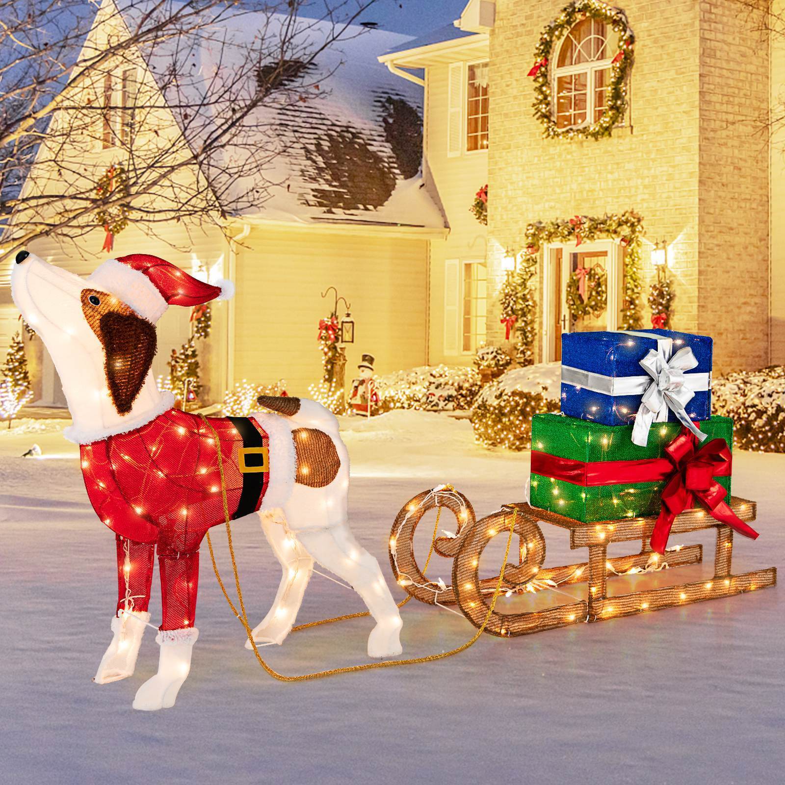 NEW Pre-lit Xmas Dog & Sleigh & Gift Boxes Indoor Outdoor Lighted Christmas Decorations