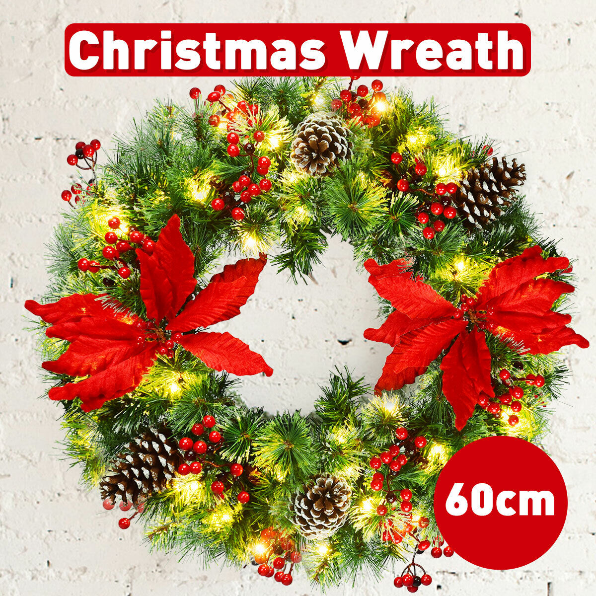 60cm Pre-lit Christmas Door Wreath LED Xmas Decoration