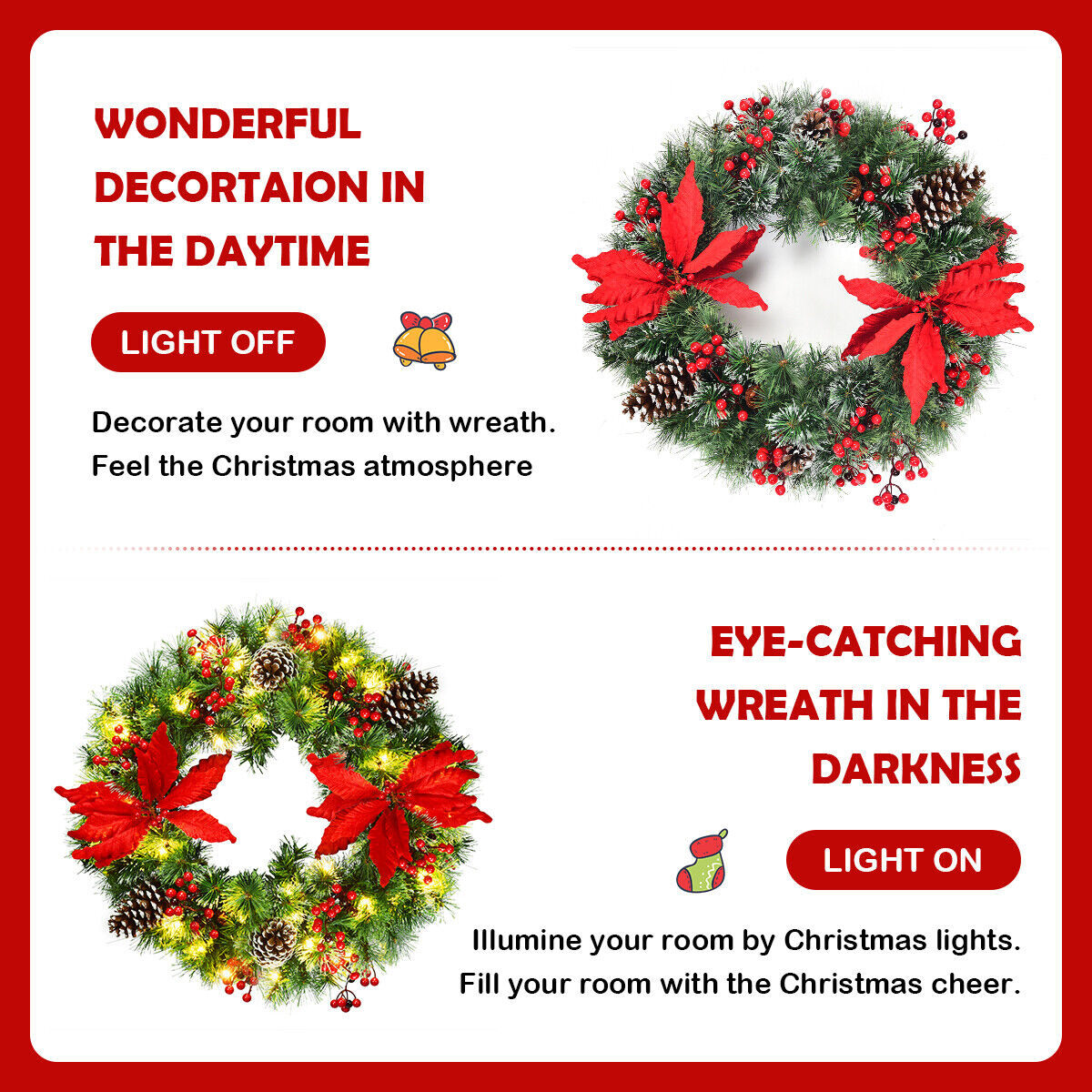 60cm Pre-lit Christmas Door Wreath LED Xmas Decoration