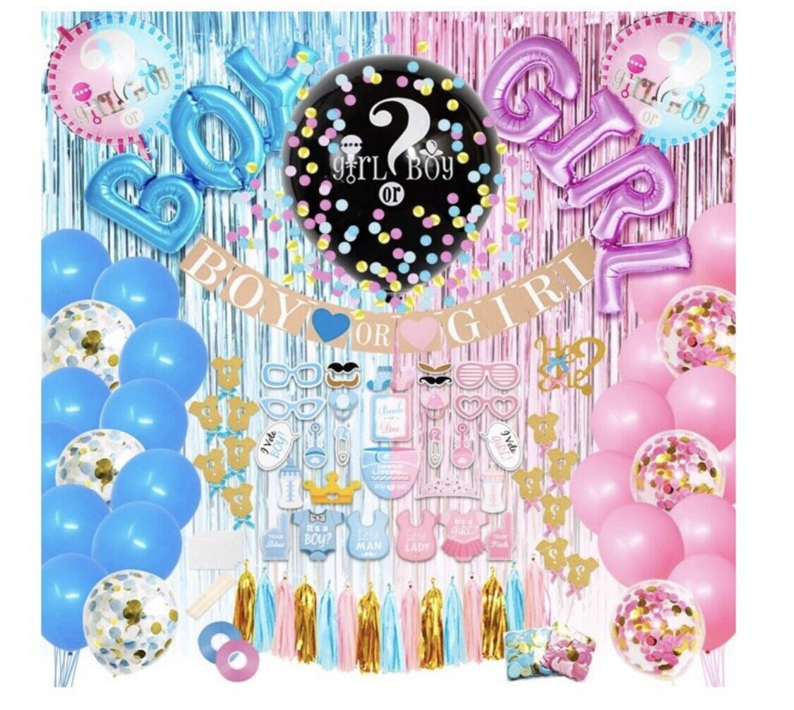 96PCS Gender Reveal Party Balloon Set Boy or Girl Baby Shower Decoration He She Fringe