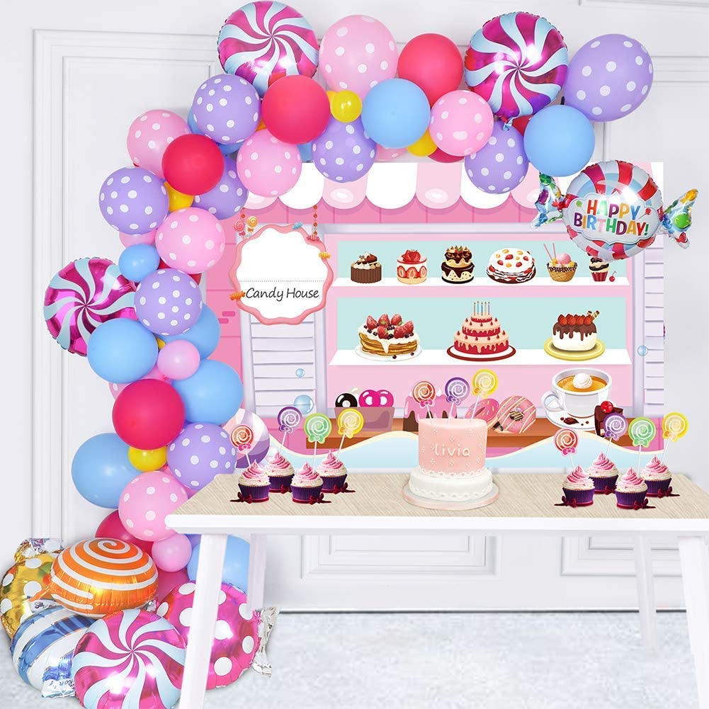 128PCS Candy Theme Party Decorations Set - Candy Backdrop Lollipop Balloon Cupcake