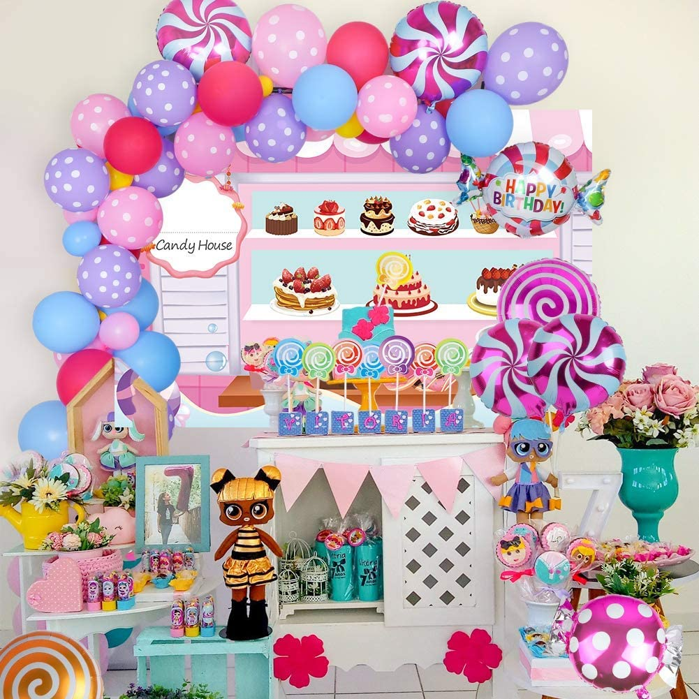 128PCS Candy Theme Party Decorations Set - Candy Backdrop Lollipop Balloon Cupcake