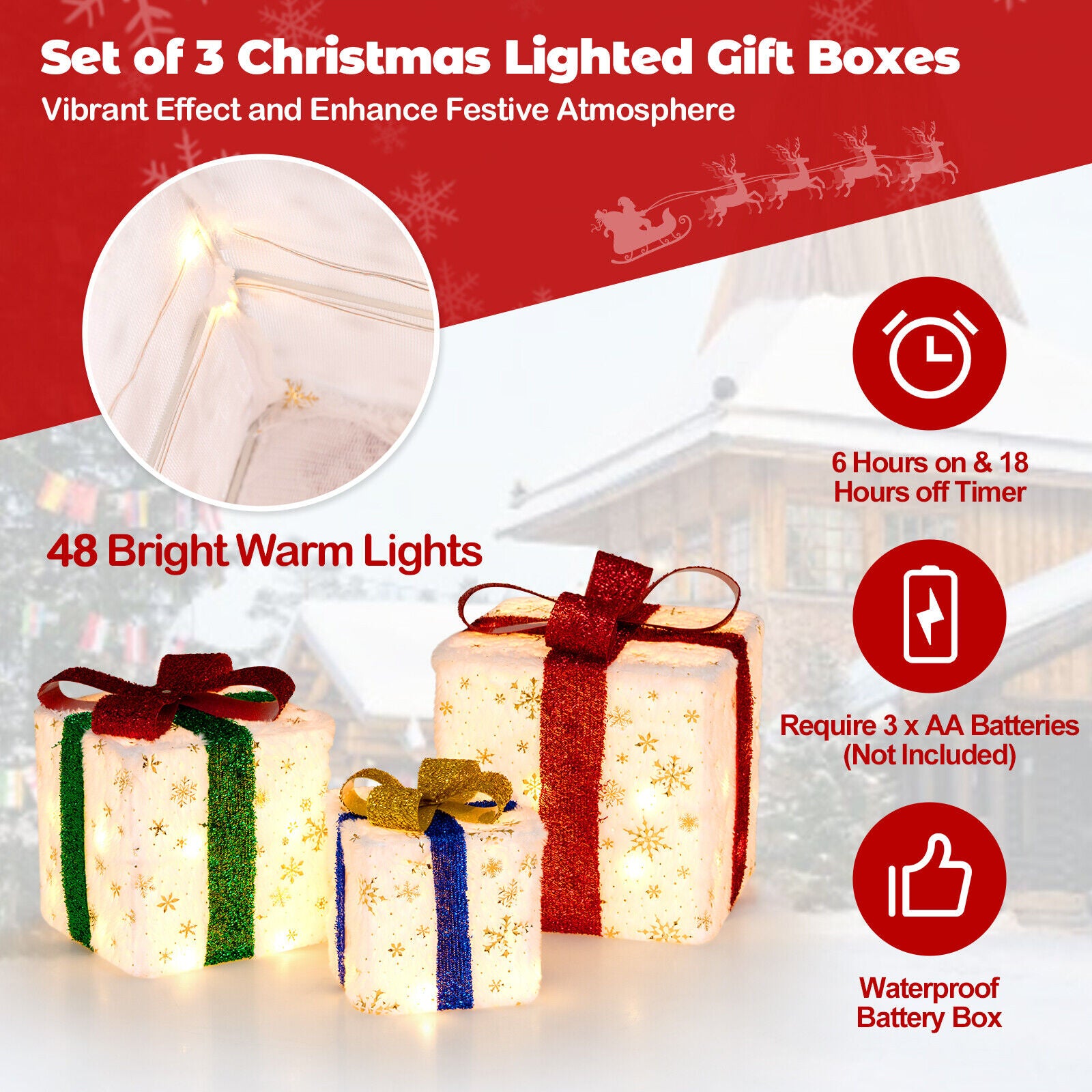 3PCS Lighted Christmas Gift Boxes Pre-lit Plush Boxes Xmas Decor with Bows